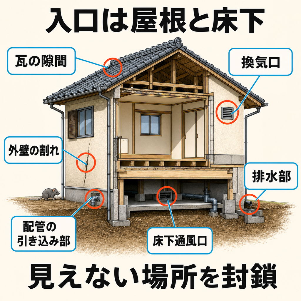 茅ヶ崎市の戸建てでネズミの侵入口になりやすい6か所を示した図解。瓦の隙間、換気口、外壁の割れ、排水部、床下通風口、配管引き込み部