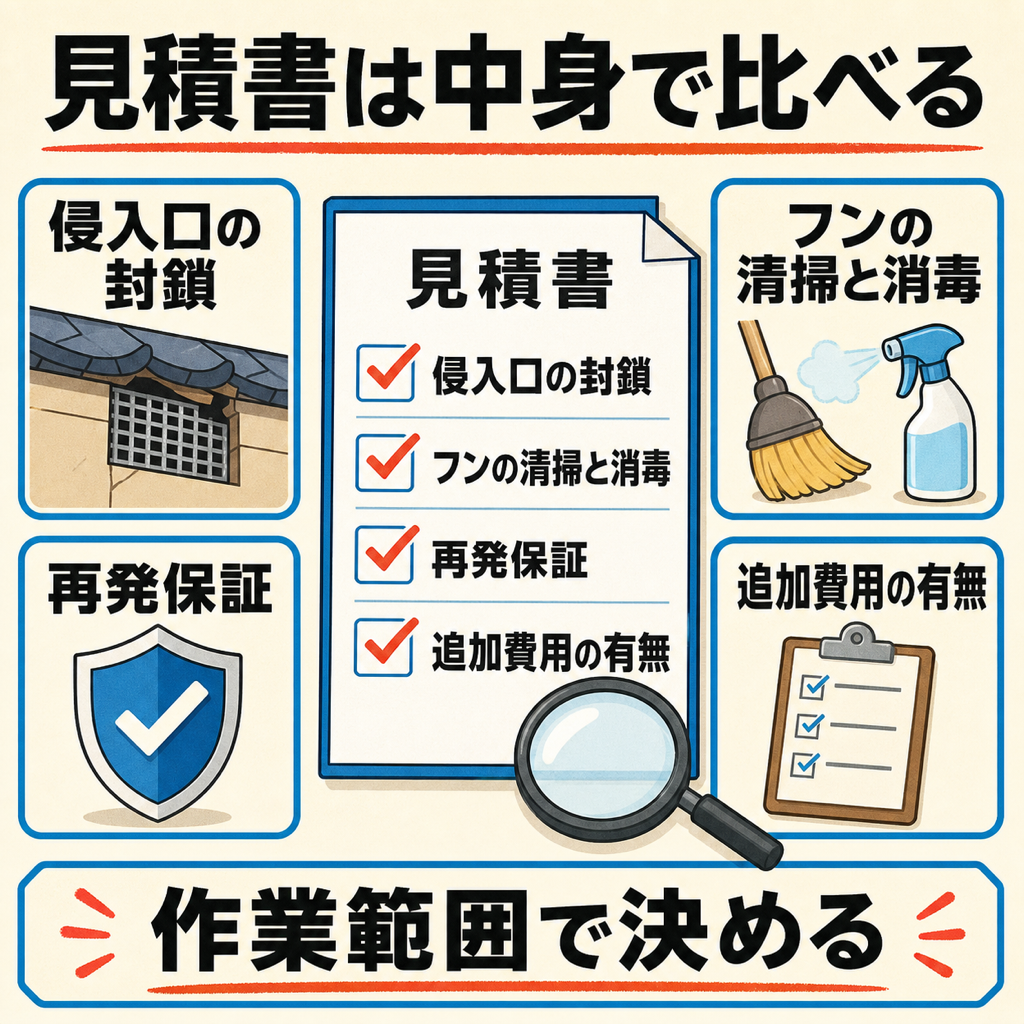 ネズミ駆除の見積書を作業範囲で比べる図解。侵入口の封鎖、フンの清掃と殺菌消毒、再発保証、追加費用の4項目を確認する