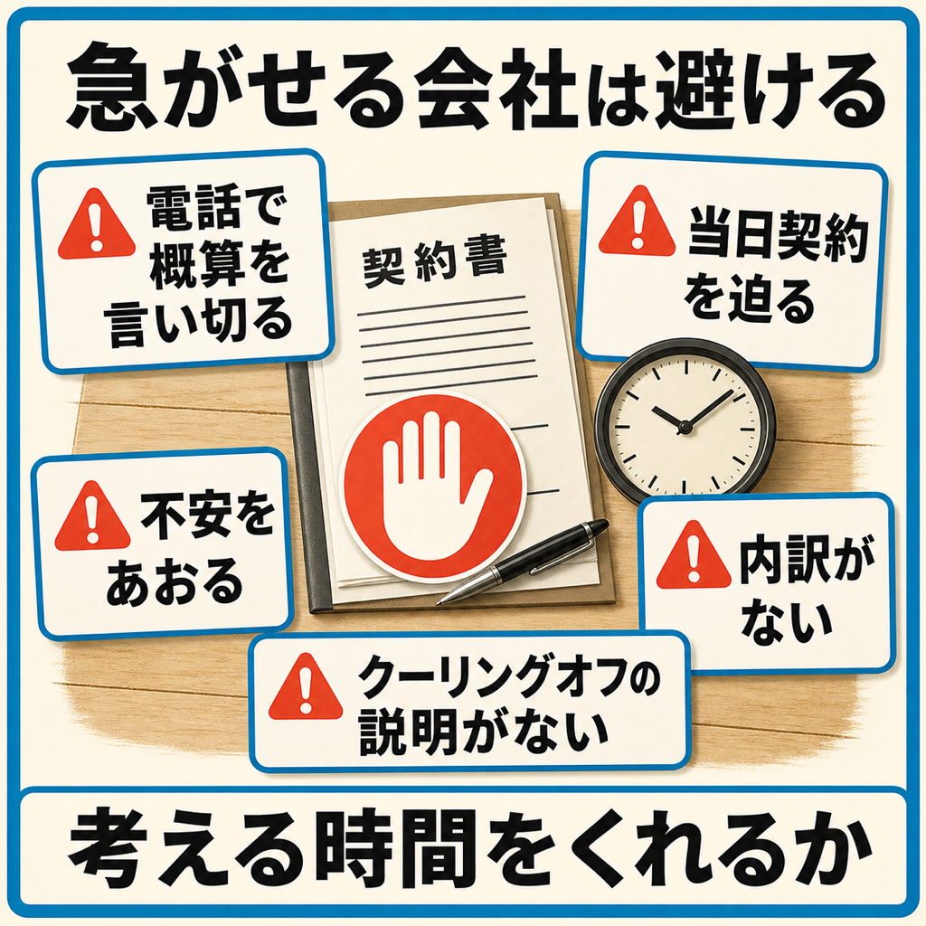 ネズミ駆除業者を選ぶときのチェックリスト図解。電話で概算を言い切る、当日契約を迫る、不安をあおる、内訳がない、クーリングオフの説明がないの5つに注意