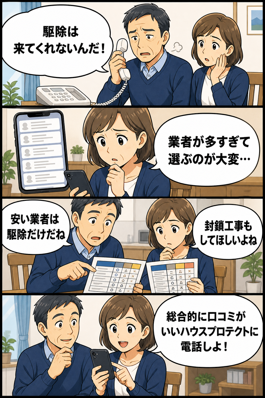 平塚市でネズミに困った50代夫婦が、市役所では駆除してもらえないと知り、業者の多さに迷い、安い業者は駆除だけと気づいて封鎖工事まで頼めるハウスプロテクトに電話するまでの4コマ漫画