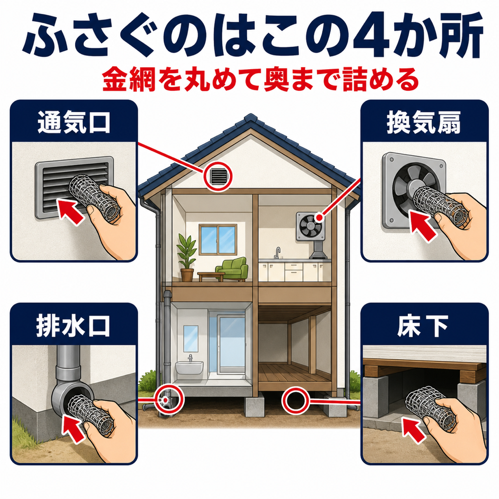 平塚市が挙げる通気口・換気扇・排水口・床下の4か所の隙間を金網で塞ぐ手順を示した図解