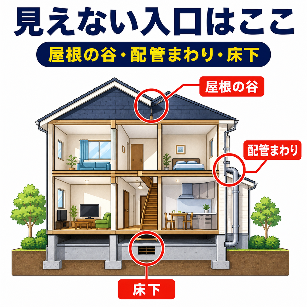 戸建て住宅の断面図で、屋根の谷・配管まわり・床下など自分では塞ぎにくいネズミの侵入口を示した図解