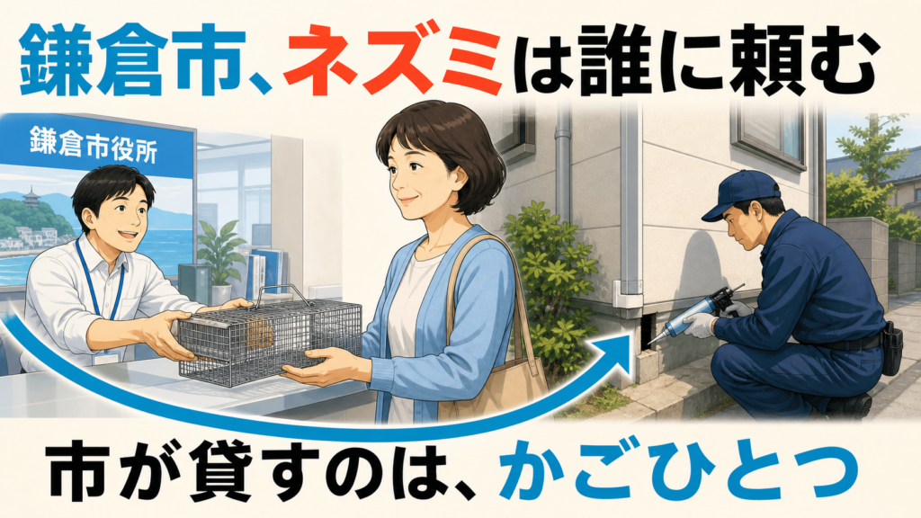 鎌倉市役所の窓口でかご式捕獲器を受け取る50代女性と、住宅の基礎の穴をふさぐ作業員を並べ、市が貸すのは捕獲器までだと示すアイキャッチ画像