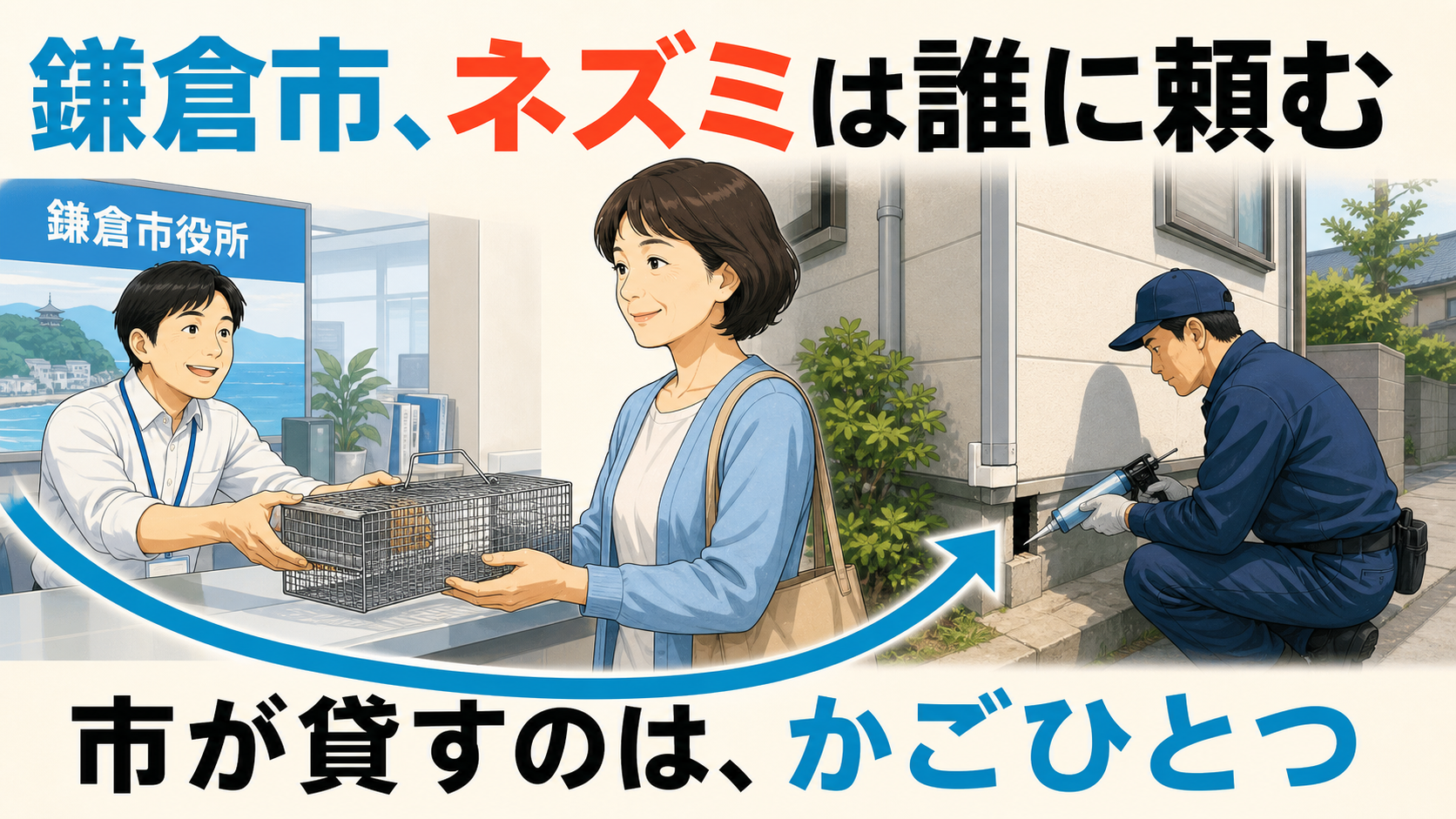 鎌倉市役所の窓口でかご式捕獲器を受け取る50代女性と、住宅の基礎の穴をふさぐ作業員を並べ、市が貸すのは捕獲器までだと示すアイキャッチ画像