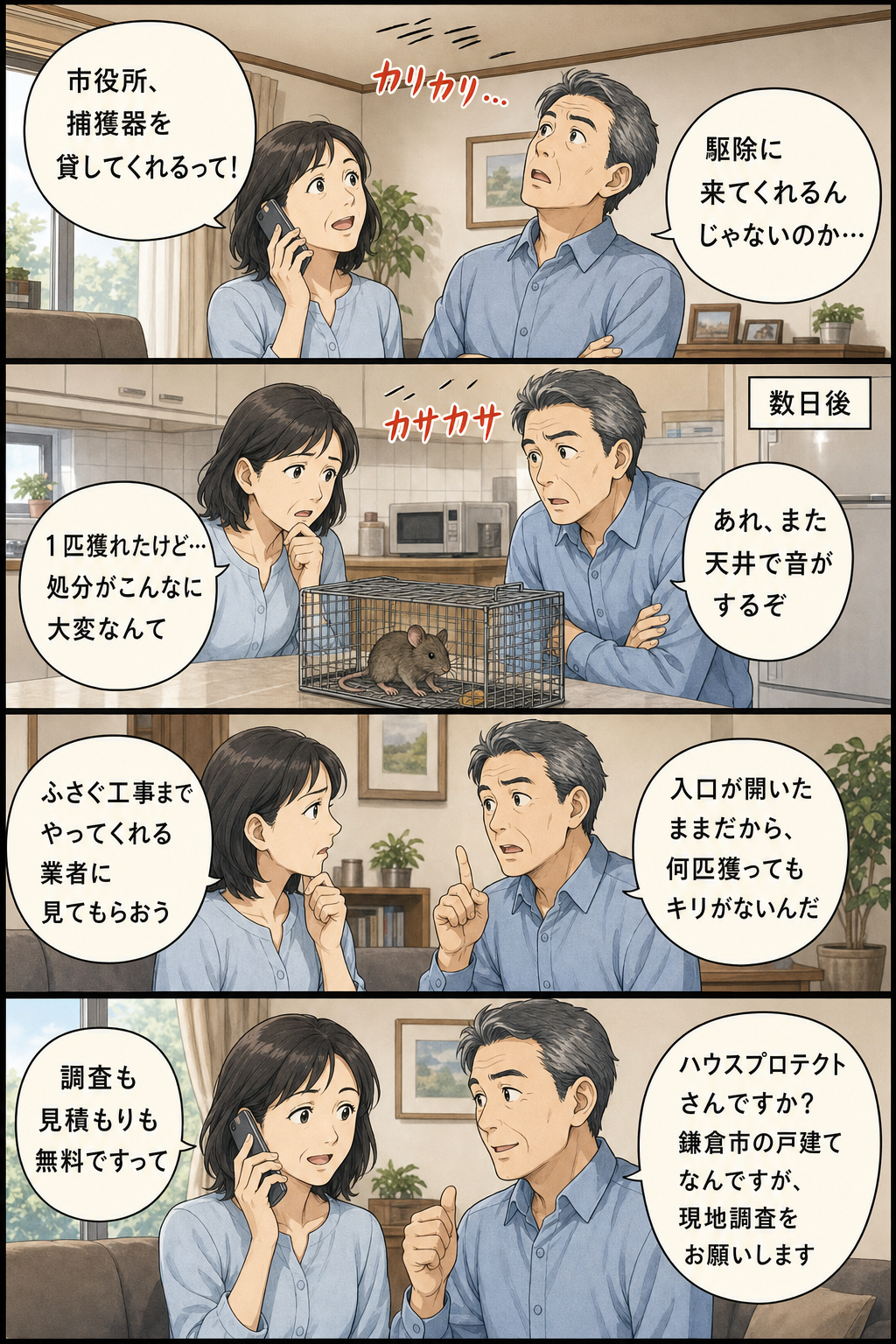 鎌倉市の夫婦が市役所から捕獲器を借りて1匹捕まえたものの再び天井で音がし、入口をふさがないとキリがないと気づいて、調査無料のハウスプロテクトに電話するまでの4コマ漫画