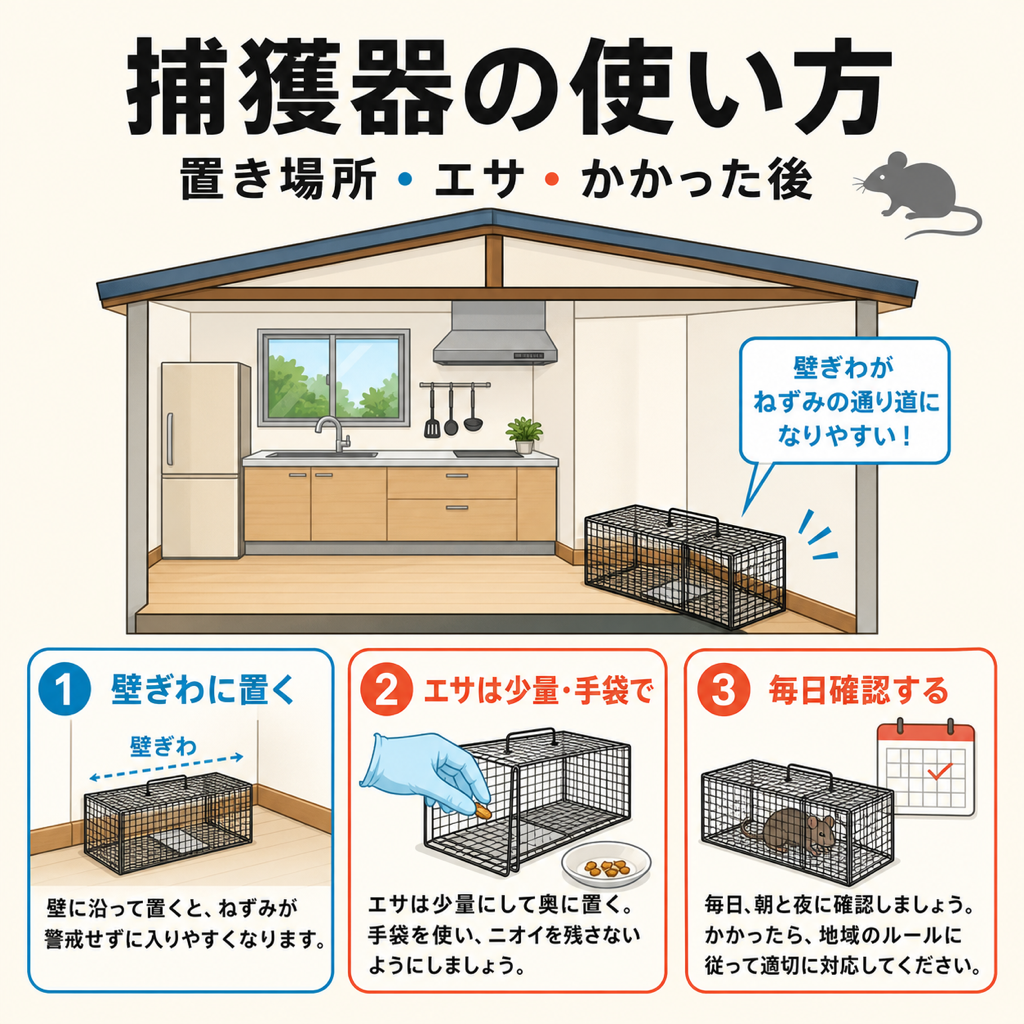 鎌倉市で借りたかご式捕獲器の使い方図解。壁ぎわに置く、エサは少量を手袋で扱う、毎日確認するの3ステップ