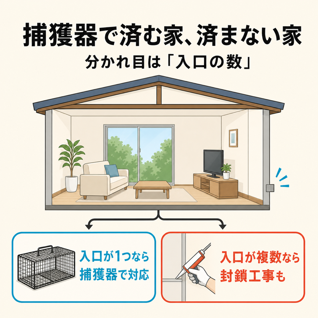 捕獲器で済む家と封鎖工事が必要な家の分かれ目を示す図解。入口が1つなら捕獲器で対応、入口が複数なら封鎖工事も必要