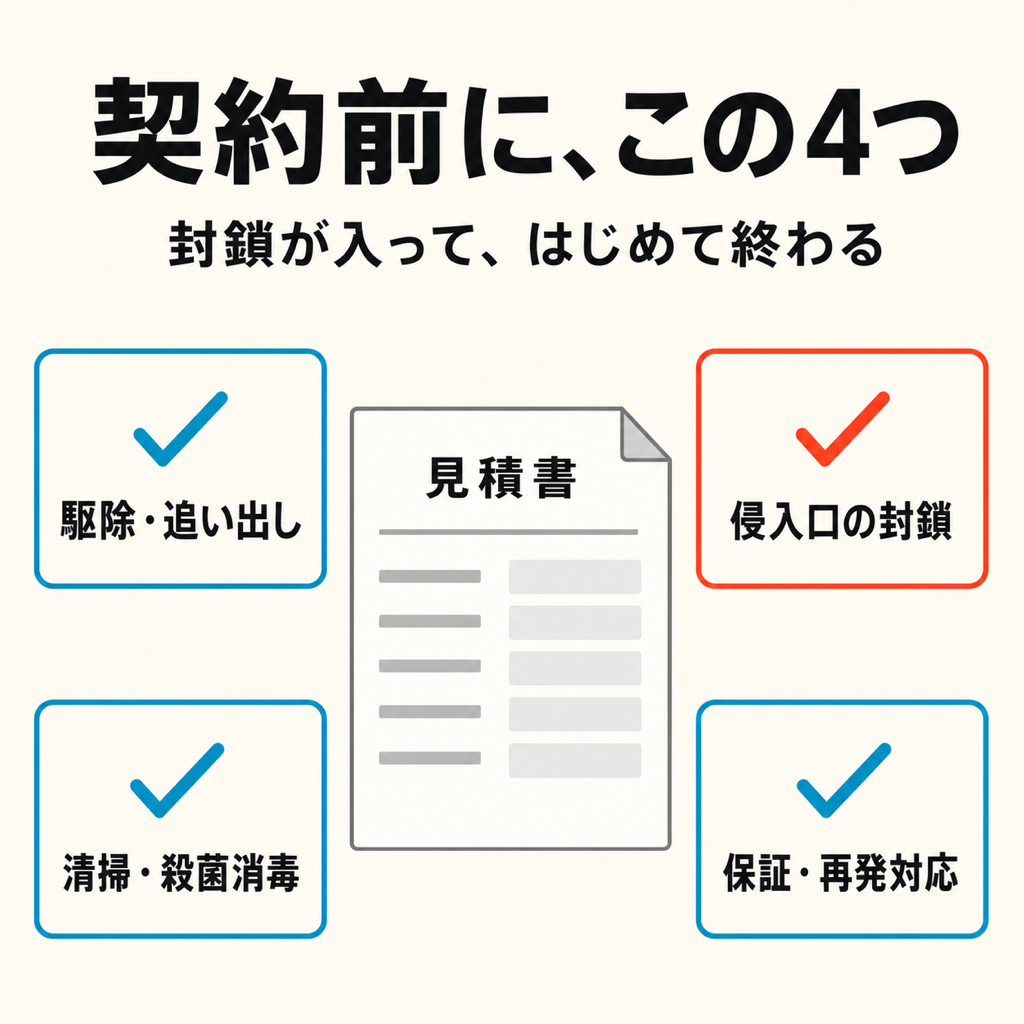 ネズミ駆除の契約前に見積書で確認する4項目の図解。駆除・追い出し、侵入口の封鎖、清掃・殺菌消毒、保証・再発対応のうち封鎖を赤で強調