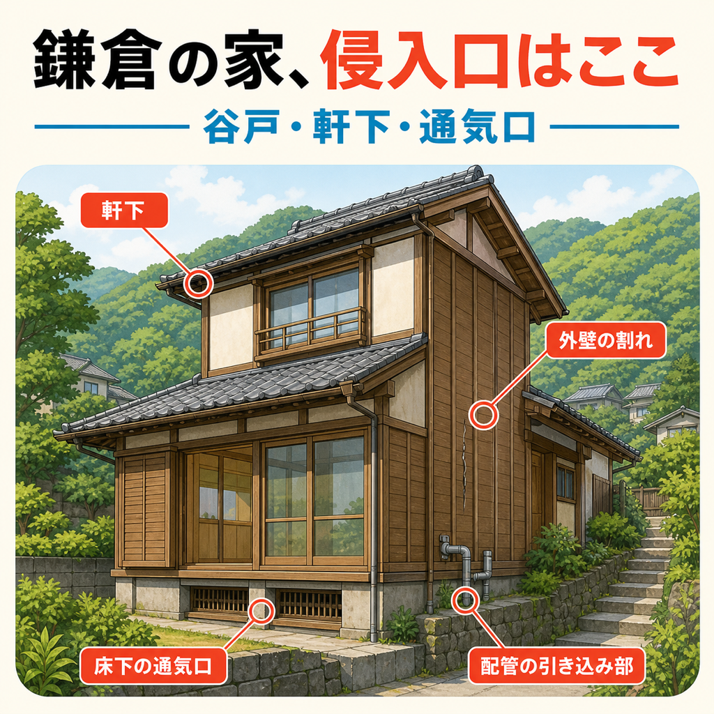 鎌倉の谷戸の斜面地に建つ木造戸建ての断面図。屋根の軒下・外壁の割れ・床下の通気口・配管の引き込み部の4か所をネズミの侵入口として示した図解