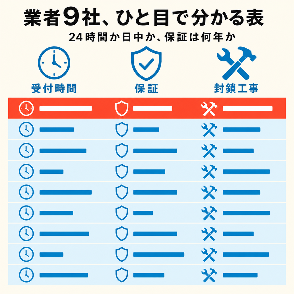 鎌倉市に対応するネズミ駆除業者9社を受付時間・保証・封鎖工事の有無で比較した一覧表の図解