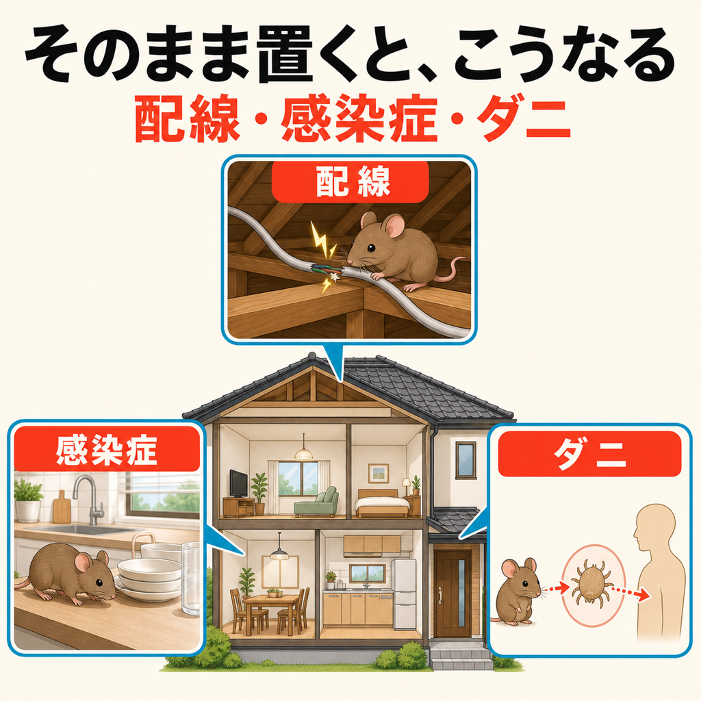 ネズミを放置すると起きる3つの被害の図解。天井裏の配線をかじられた火災、台所の食器を介した感染症、ネズミから人に移るダニの二次被害