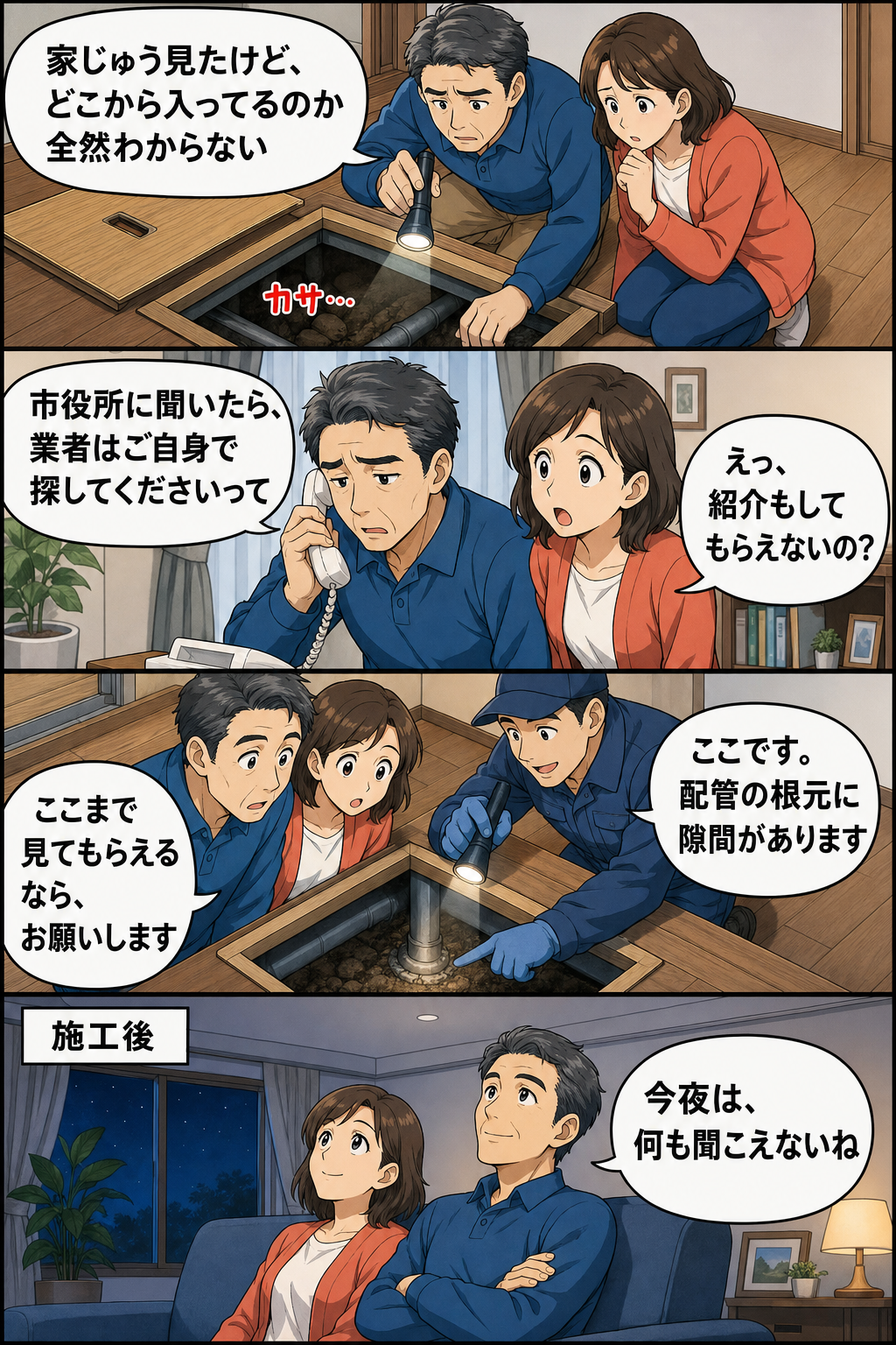 柏市の夫婦が家じゅう探しても侵入口が分からず市役所にも断られ、現地調査で配管の根元の隙間を特定してもらうまでの4コマ漫画