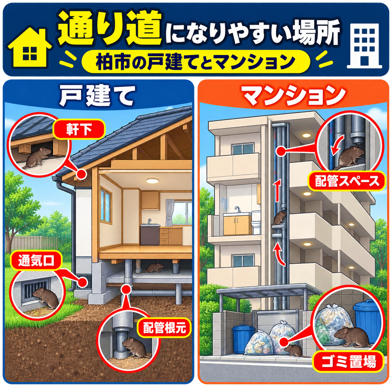 柏市の戸建てとマンションの断面図でネズミの通り道になりやすい軒下・通気口・配管根元・配管スペース・ゴミ置場を示した図解