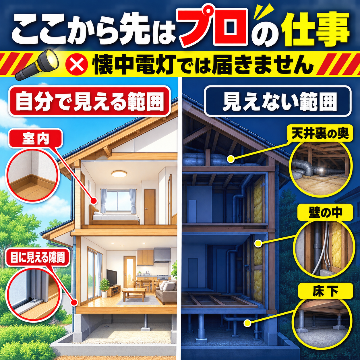 ネズミの侵入口のうち自分で見える室内や目に見える隙間と、天井裏の奥・壁の中・床下など専門業者でないと追えない範囲を比べた図解