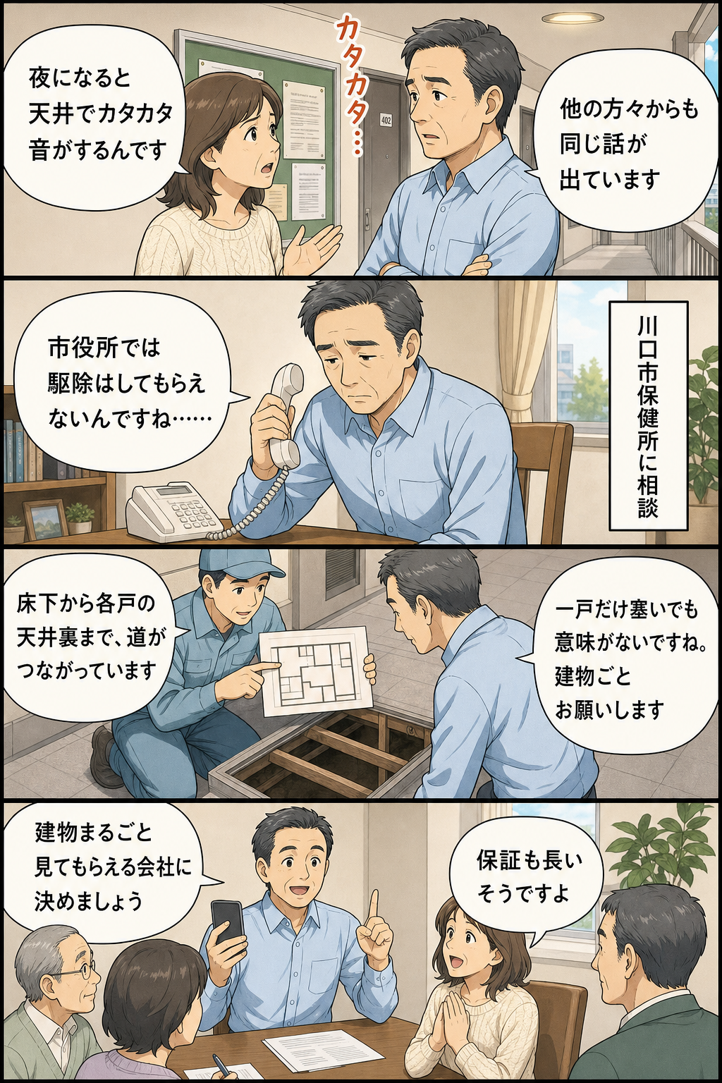 川口市のマンションで管理組合の理事が住民から天井の音の相談を受け、市役所では駆除を頼めないと知り、床下から各戸の天井裏へ続く侵入経路を確認して建物ごと対応できる業者に決めるまでの縦長4コマ漫画