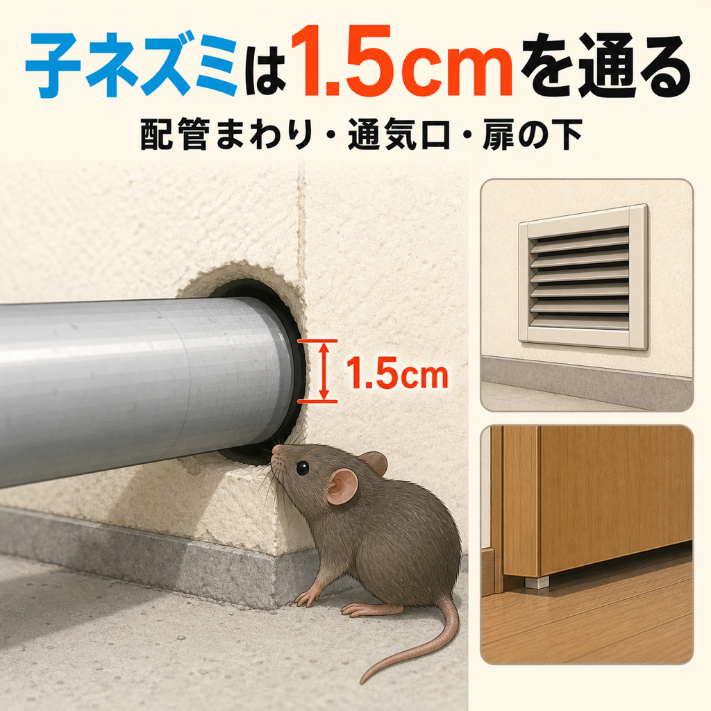 ネズミが侵入できる隙間は大人2.5cm子ネズミ1.5cmと示した川口市のネズミ侵入口図解