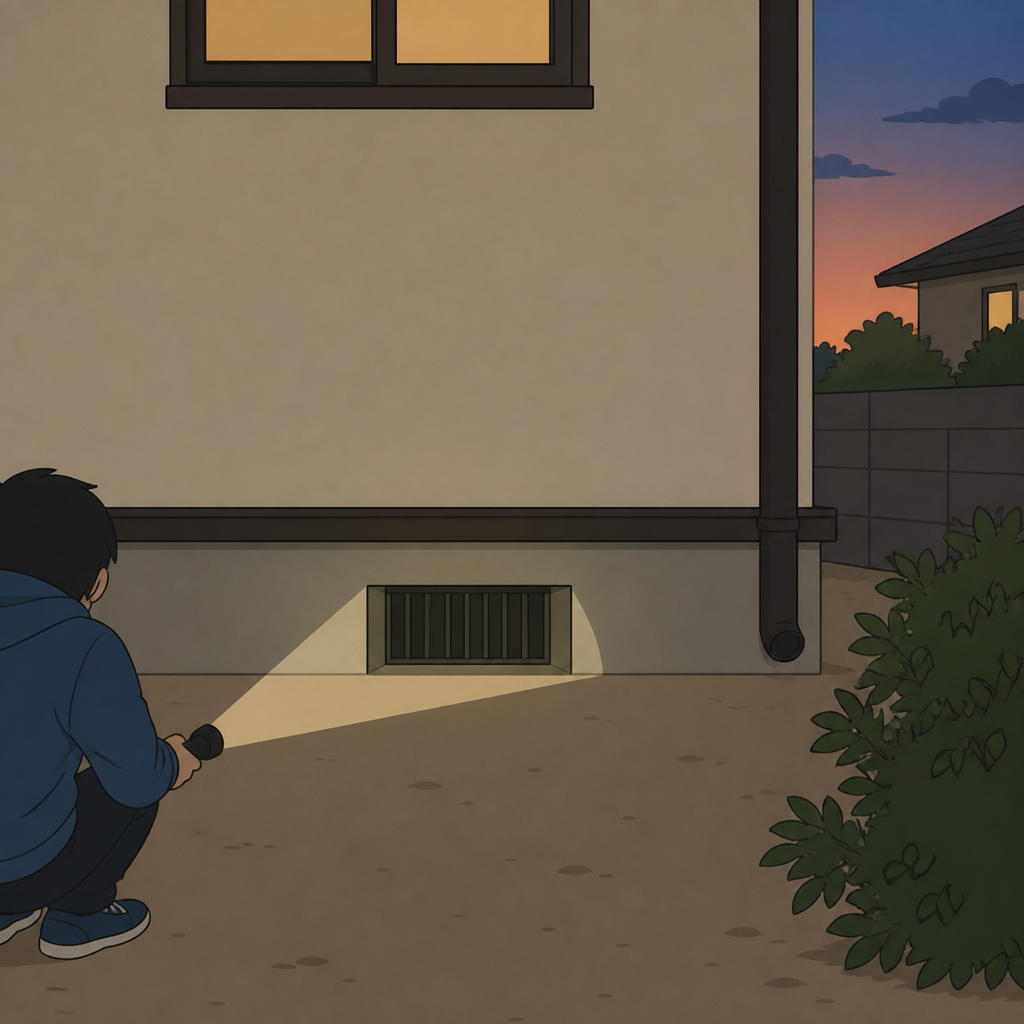 川口市の戸建てで床下の通風口を懐中電灯で照らして確認する住人を後ろ姿で描いたイラスト