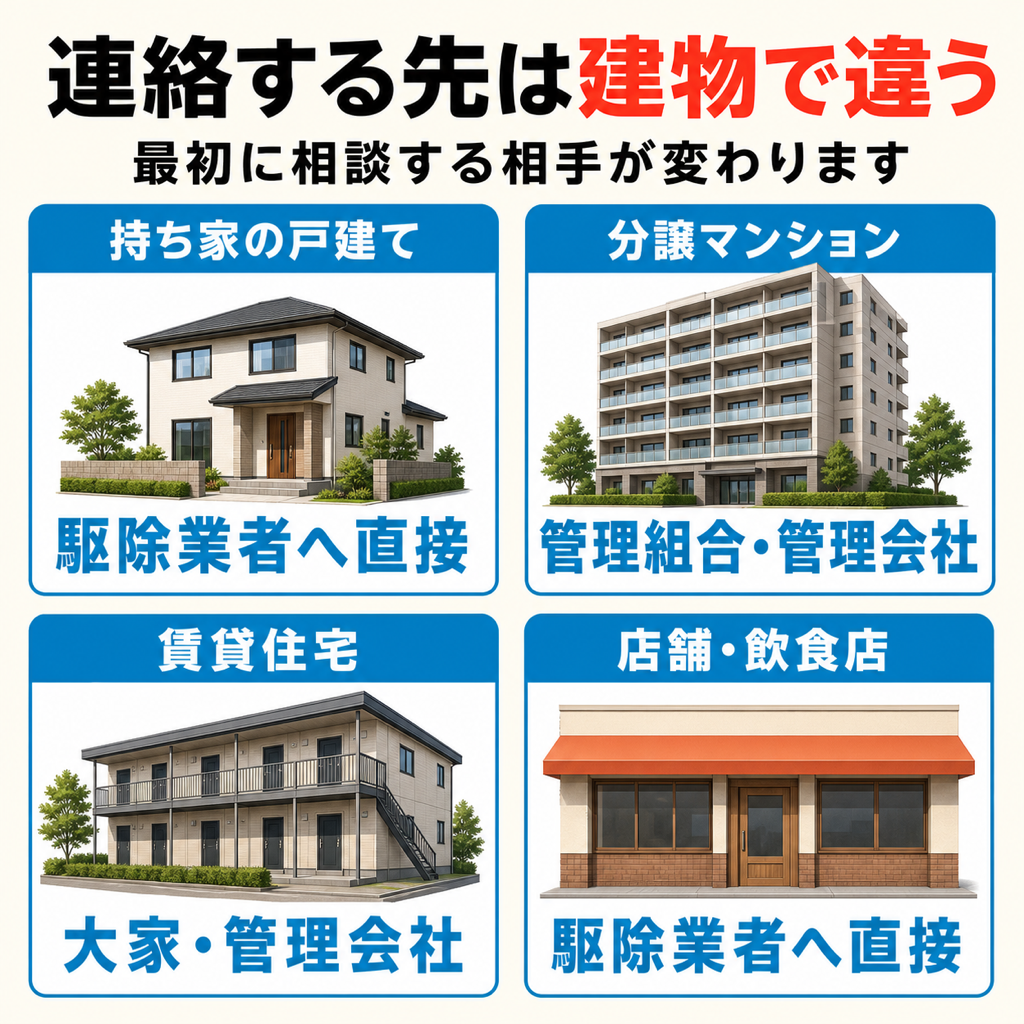川口市で戸建て・分譲マンション・賃貸・店舗ごとに、ネズミ駆除で最初に連絡する相手が変わることを4枚のカードで示した図解