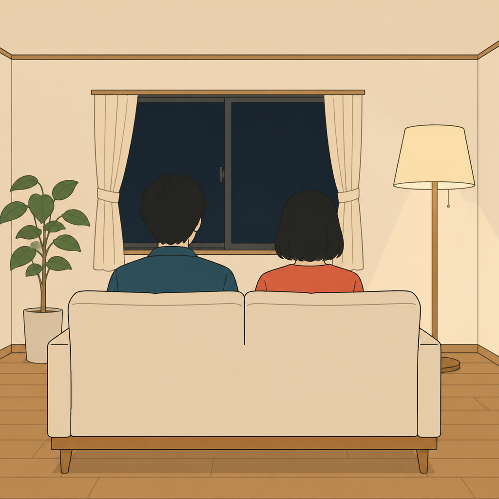 川口市の住宅で夜のリビングにくつろぐ夫婦を後ろ姿で描いたイラスト