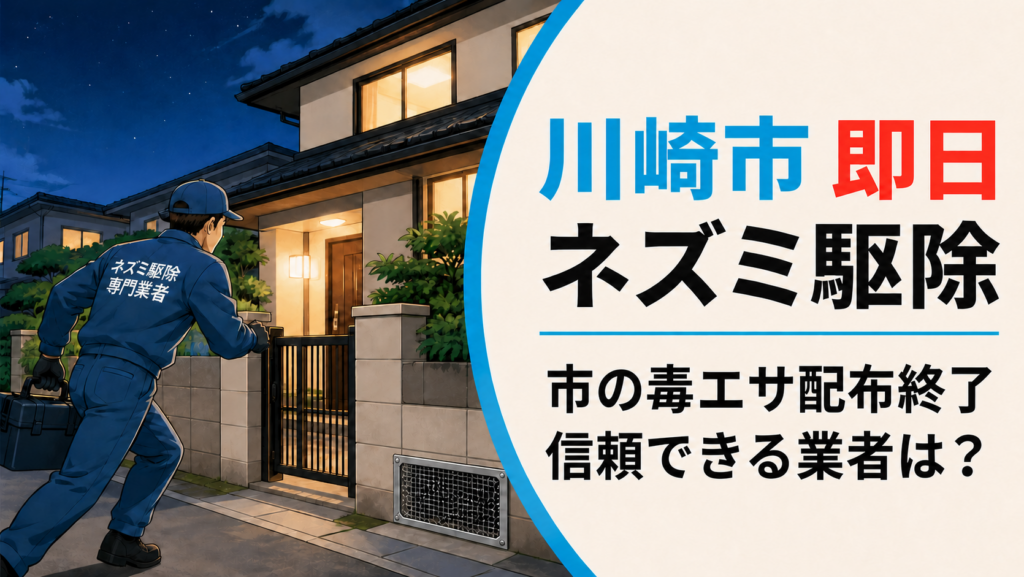 川崎市で即日対応のネズミ駆除業者を探す人向けに、市の毒エサ配布終了と信頼できる業者選びを示したアイキャッチ画像