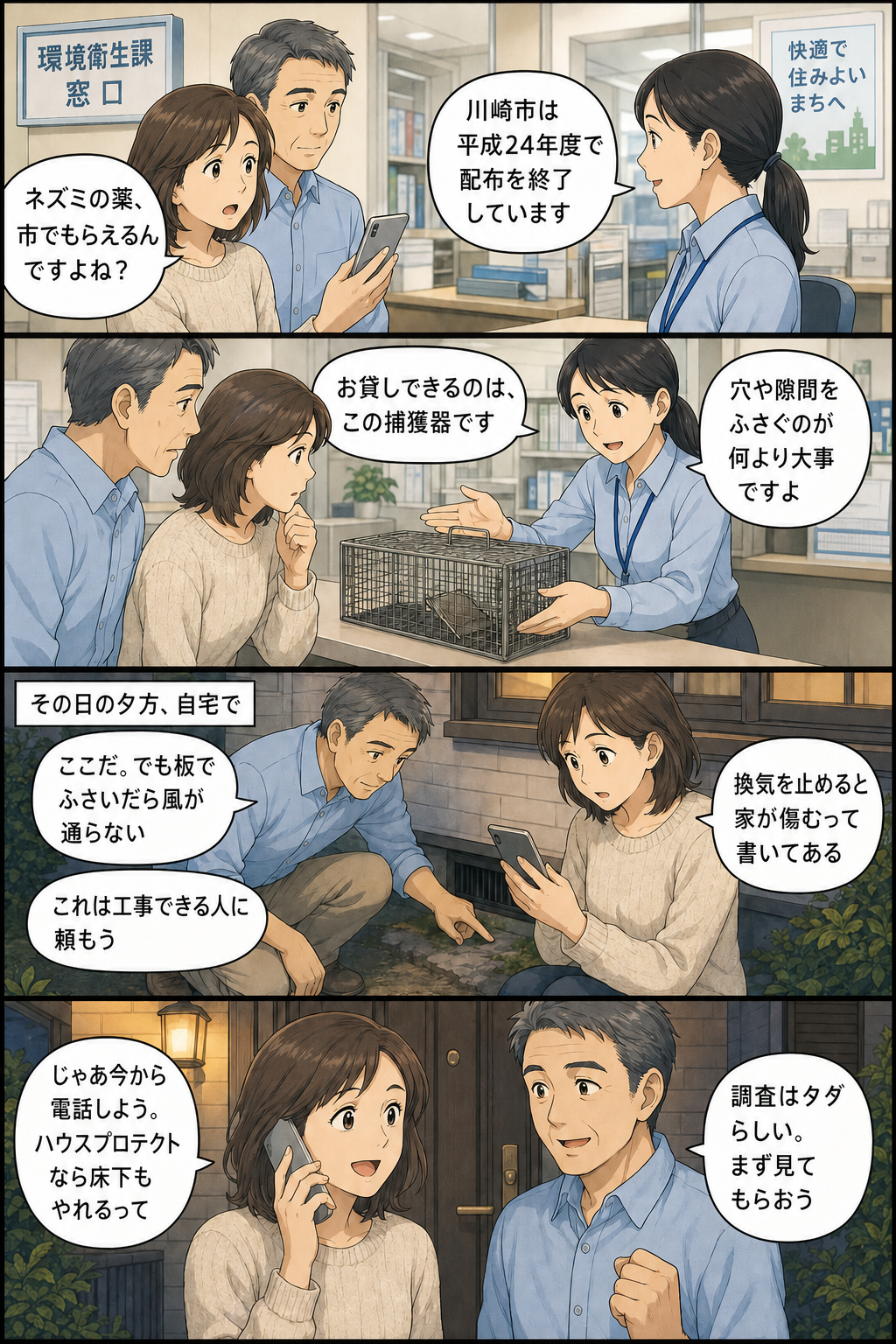 縦長4コマ漫画。川崎市で毒エサを求めて区役所を訪ねた夫婦が、平成24年度で配布が終わったと知り、借りたかごの説明から家の隙間が入口だと気づき、換気を止めずに塞げる会社へ連絡する
