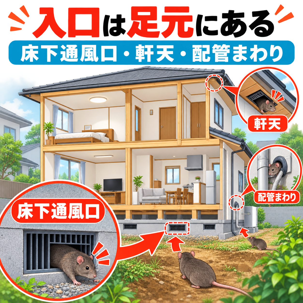 川崎市の施工4件で共通していた床下通風口・軒天・配管引き込み部などネズミの侵入口を示した住宅の断面図