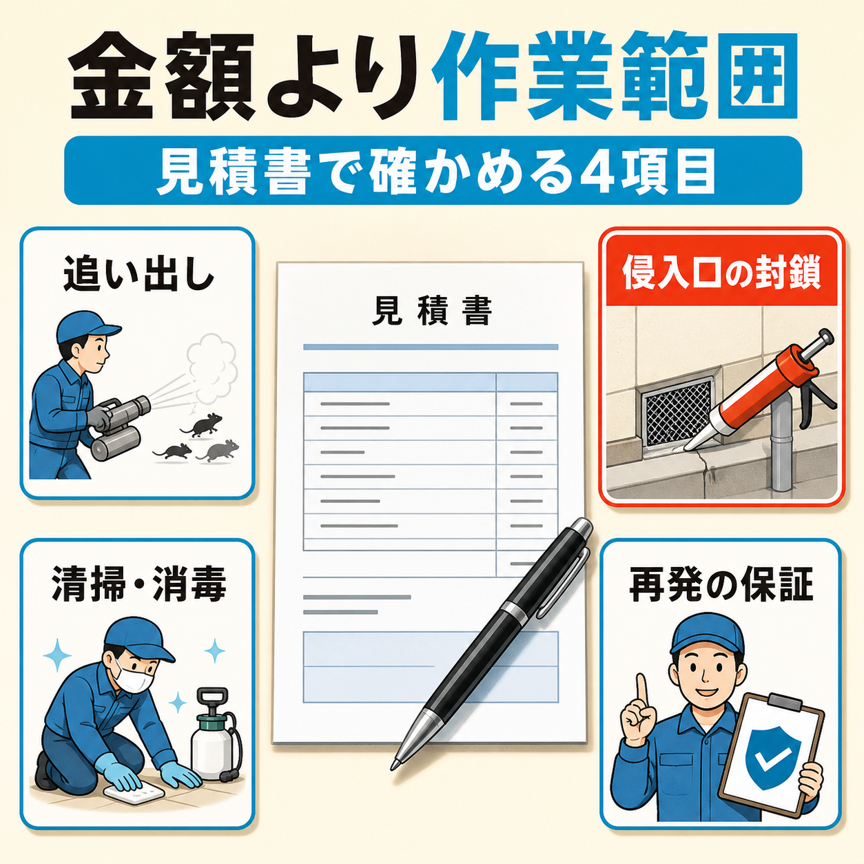 川崎市でネズミ駆除の見積書を作業範囲4項目で見比べるためのチェック図解