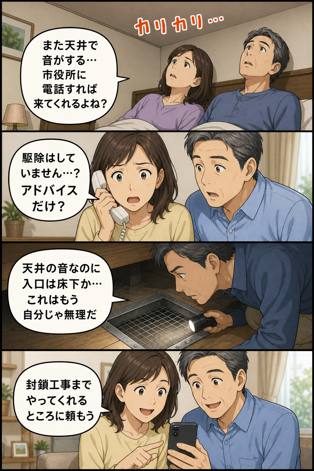 町田市の夫婦が市役所に相談しても駆除されず床下の侵入口に気づき封鎖工事を依頼するまでの4コマ漫画