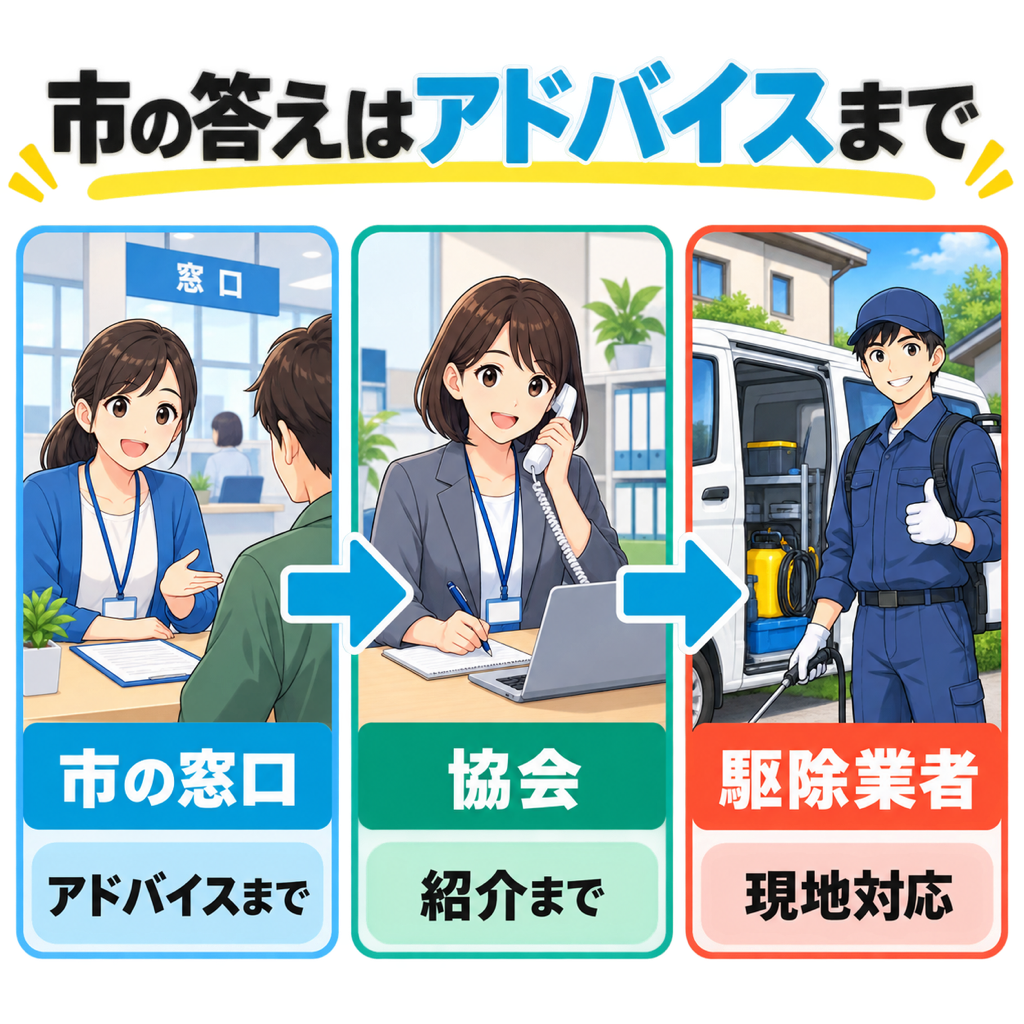 町田市のネズミ駆除の相談先が市役所から協会を経て民間業者に行き着く流れの図解