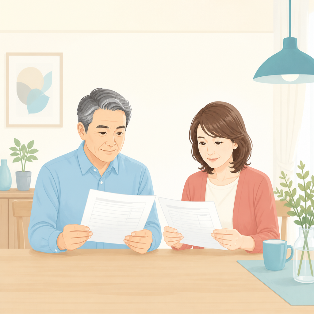 50代夫婦が2枚の見積書を並べてネズミ駆除の工事内容を比較している様子