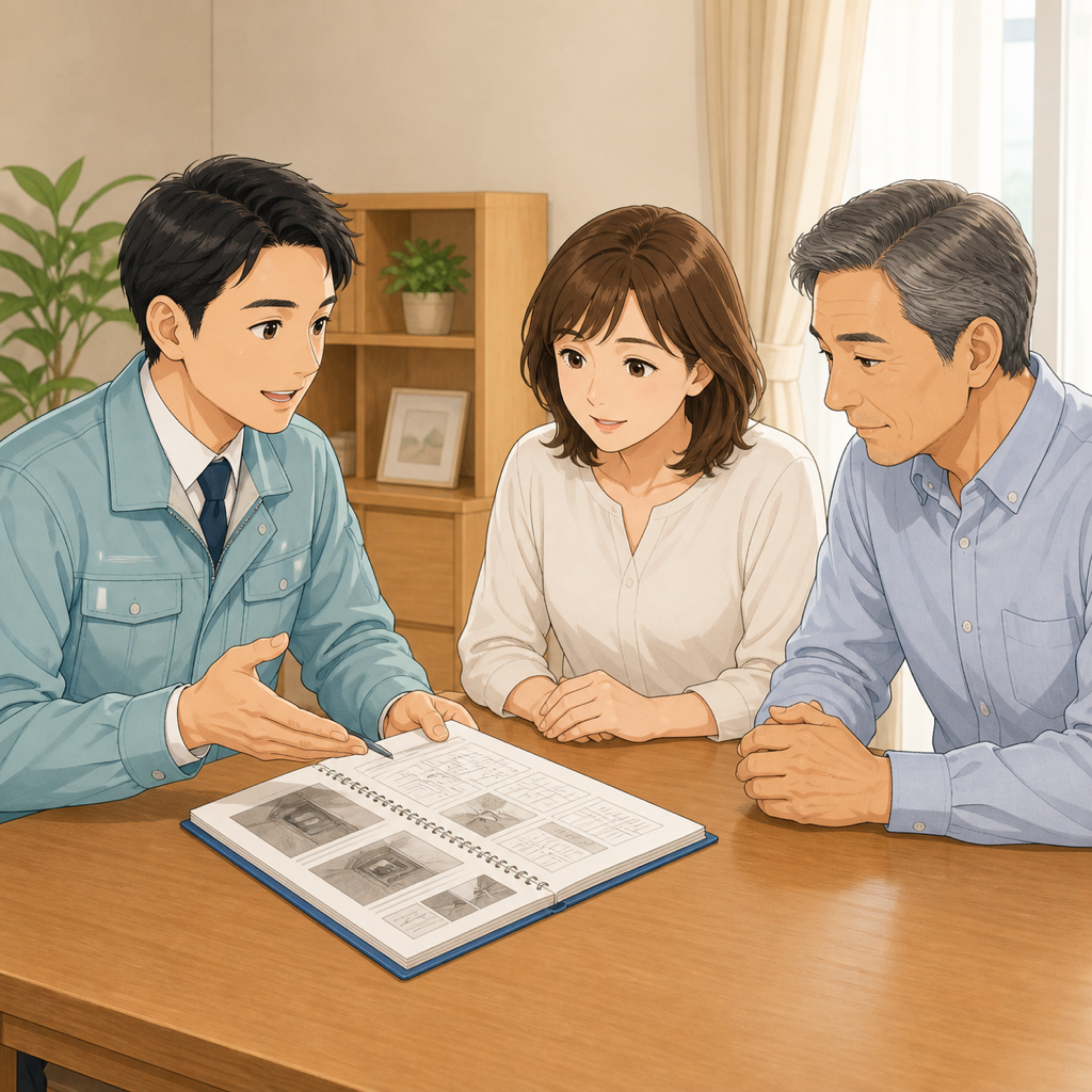 ネズミ駆除の作業員が調査記録を見せながら50代夫婦に施工内容を説明している様子
