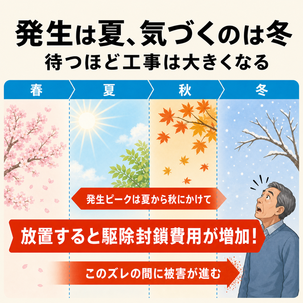 ネズミの発生ピークは夏から秋で気づくのは冬、放置すると駆除と封鎖の費用が増えることを示す季節の図解