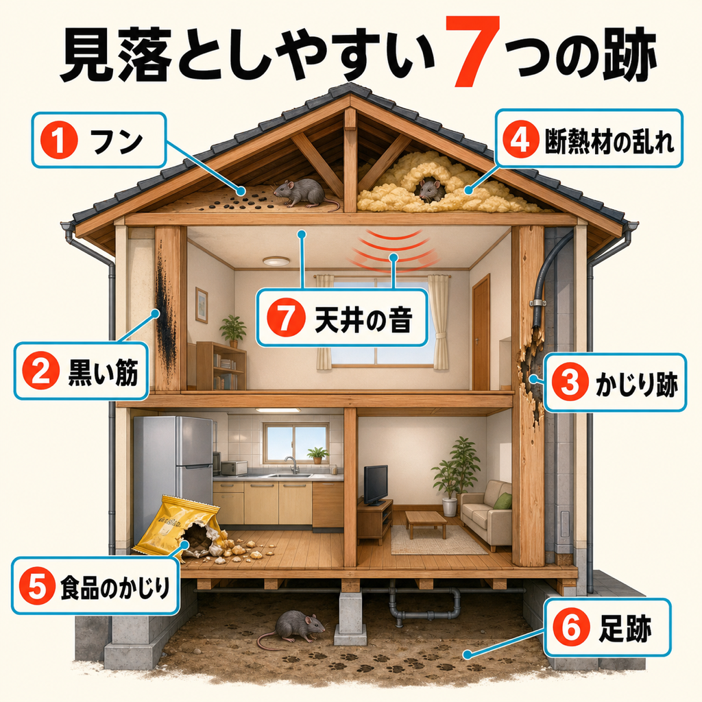 住宅の断面図でフンやかじり跡など7つのラットサインが見つかる場所を示した図解