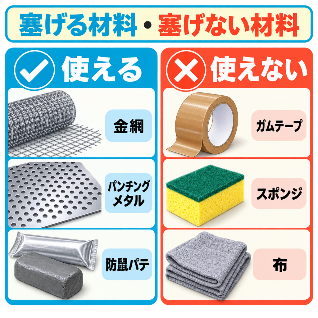 金網やパンチングメタルなど塞げる材料と、ガムテープなど塞げない材料を対比した図解