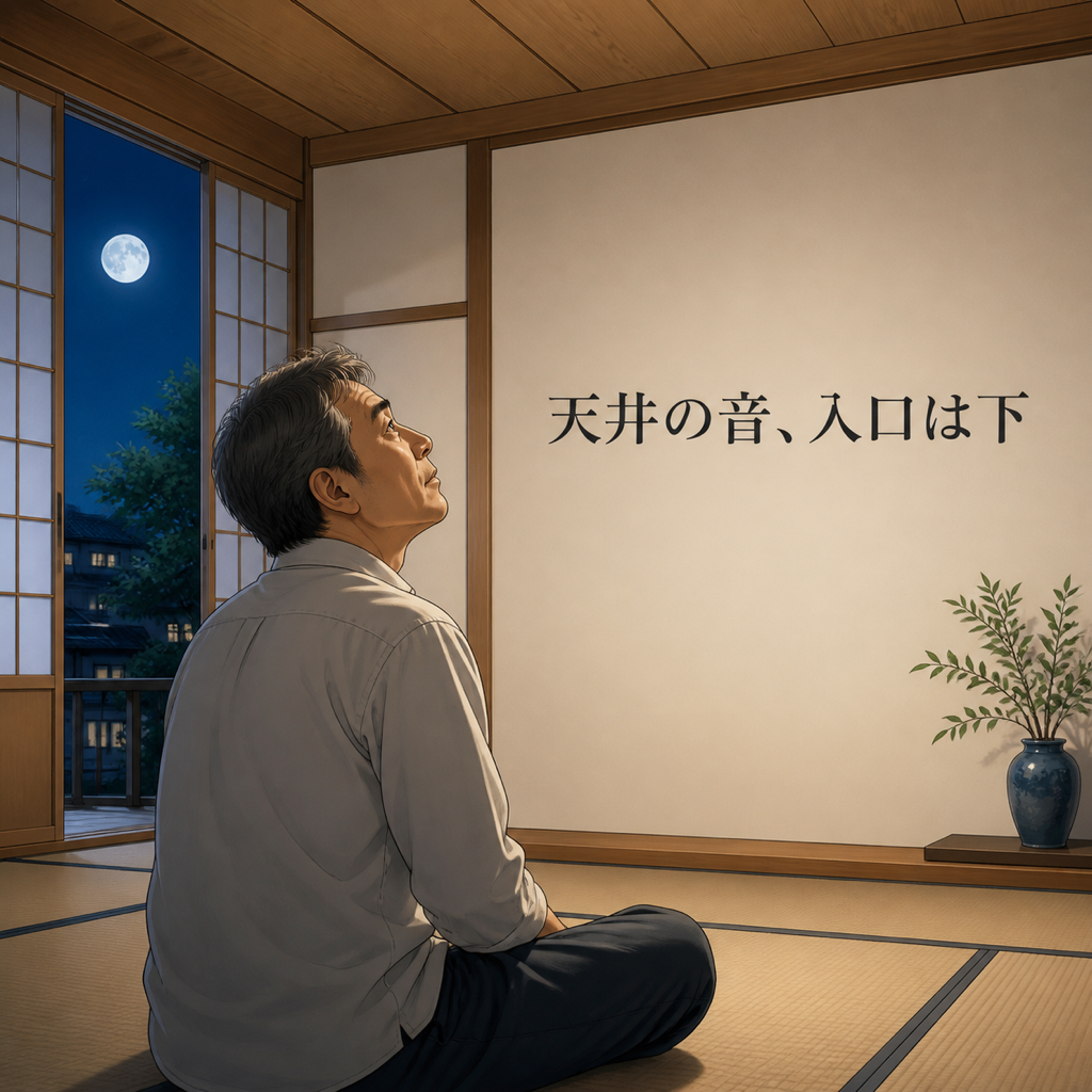 夜の和室で天井を見上げる50代の男性