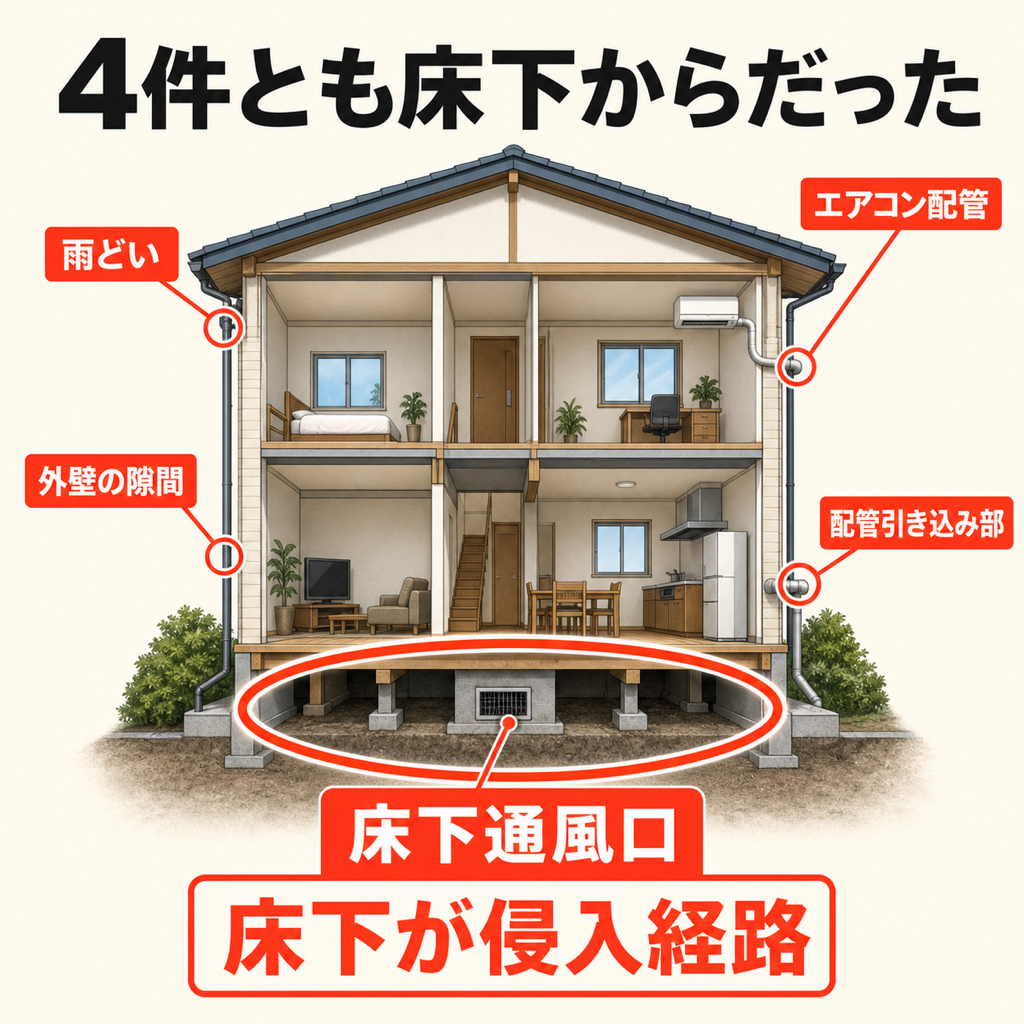 町田市の施工4件すべてで床下が侵入経路に含まれていたことを住宅断面図で示した図解