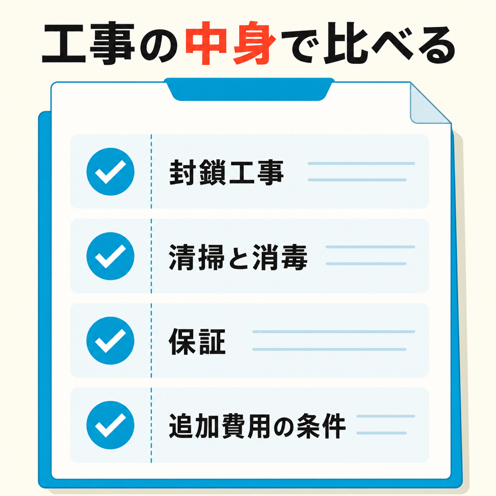 見積書で確認すべき封鎖工事や清掃消毒など4項目を示した図解