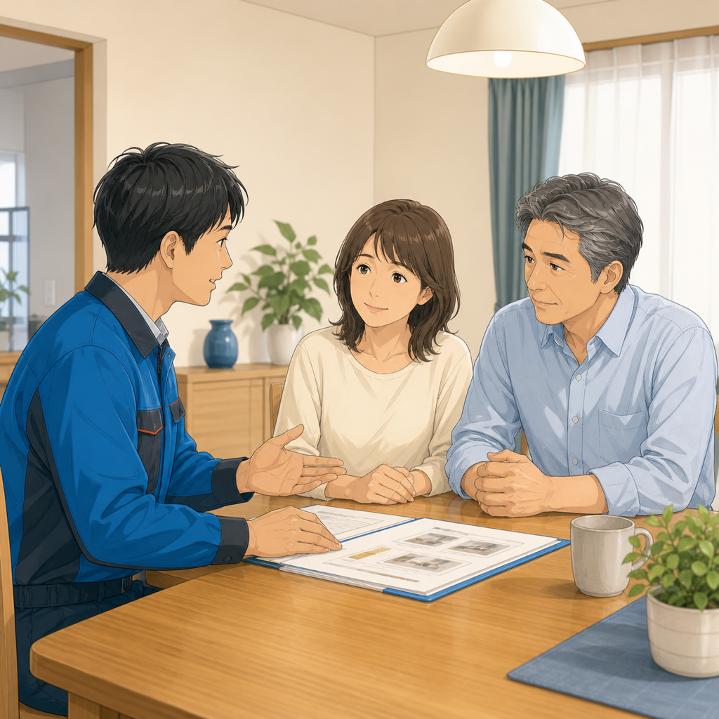 ダイニングテーブルで書類を挟んで向き合う作業員と50代の夫婦