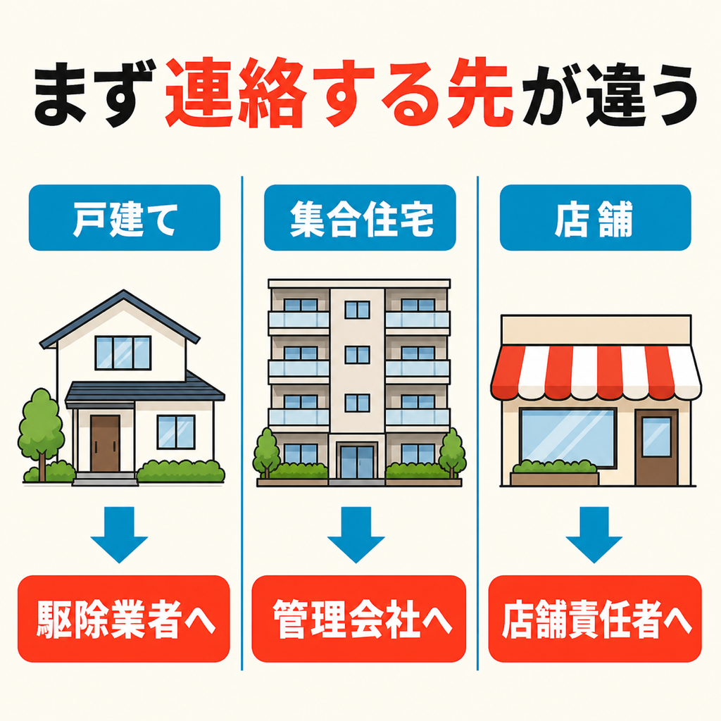 戸建て・集合住宅・店舗で最初に連絡する先が変わることを示した3分割の図解