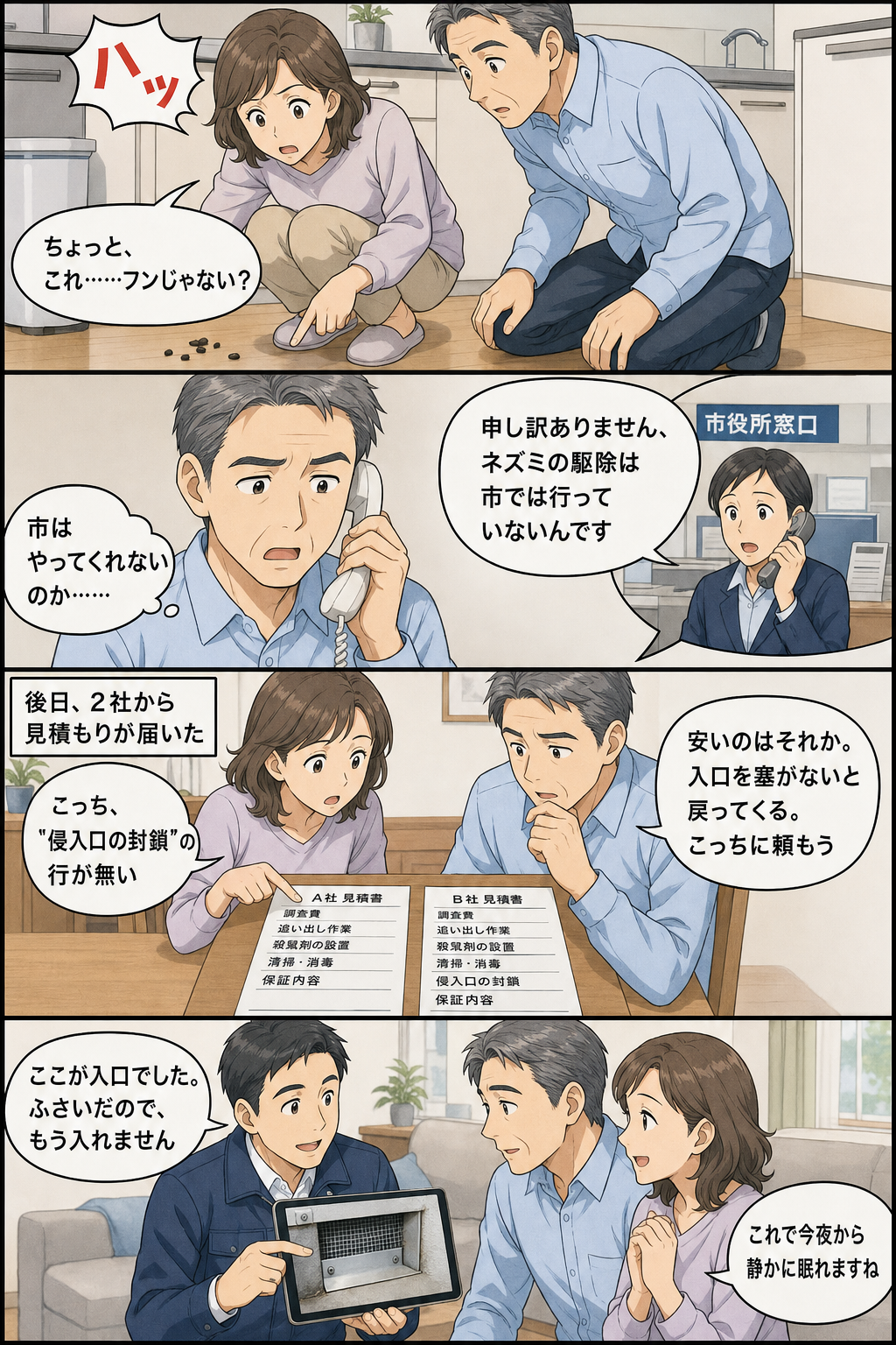 松戸市の夫婦が台所でフンを見つけ市役所に断られ見積書の封鎖項目を見比べて業者を選ぶ4コマ漫画