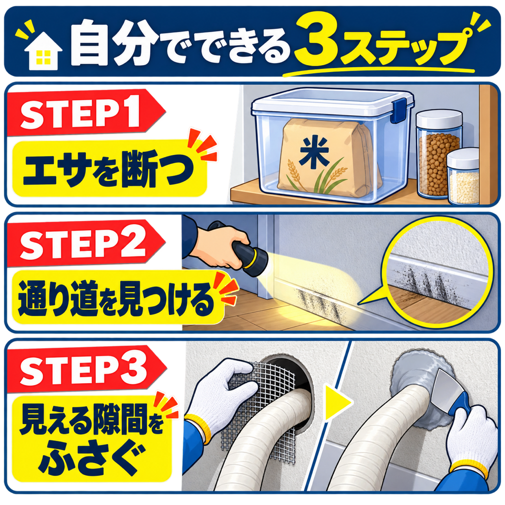 松戸市の住宅で自分でできるネズミ対策の3ステップを示した図解