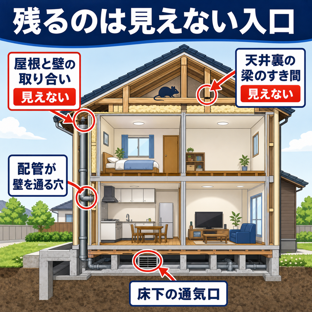 住宅の断面図でネズミの見えない侵入口4か所を示した図解