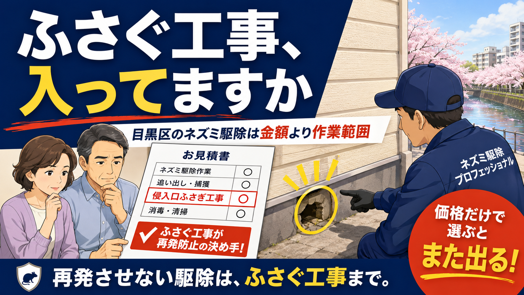 目黒区のネズミ駆除で見積書に封鎖工事が含まれるかを問いかけ、作業範囲で選ぶことを示したアイキャッチ画像