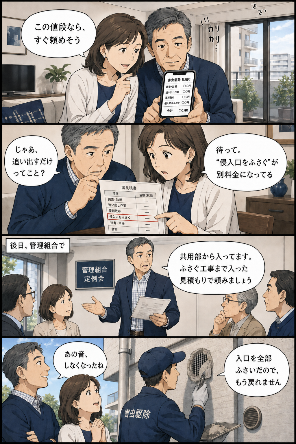 目黒区のマンションでネズミの足音に悩む夫婦が、見積書の作業範囲を確認して侵入口の封鎖まで依頼するまでを描いた4コマ漫画