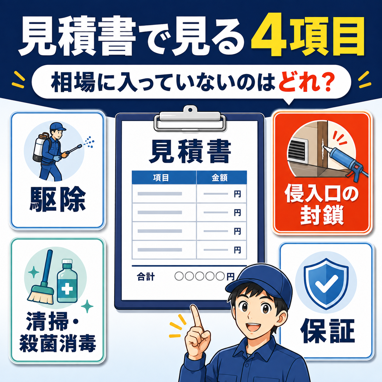 ネズミ駆除の見積書で確認すべき4項目（駆除・侵入口の封鎖・清掃と殺菌消毒・保証）を整理した図解
