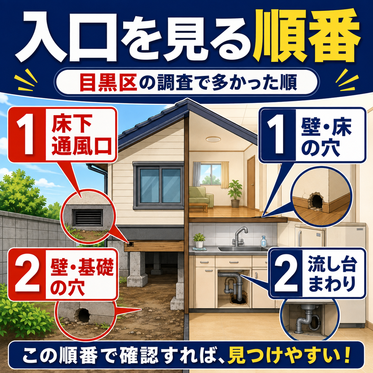 目黒区保健所の調査にもとづくネズミの侵入口を点検する順番を屋外と室内に分けて示した図解