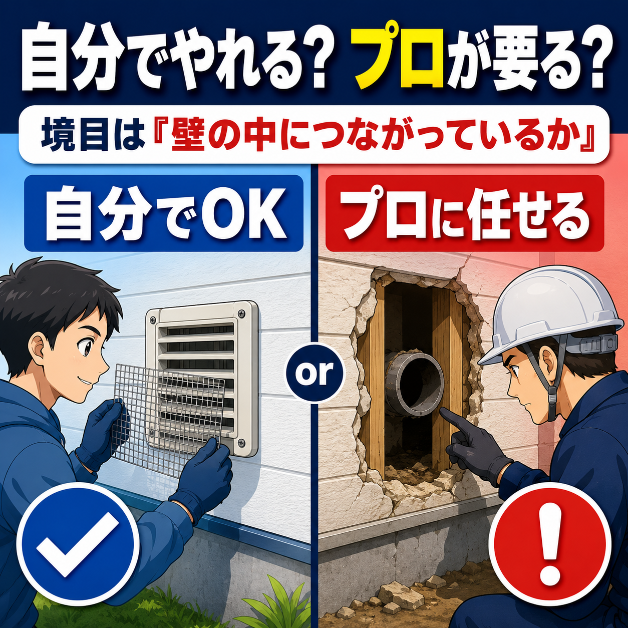 ネズミの侵入口を自分で塞げる場合とプロに依頼すべき場合の分岐を侵入口の種類別に示した図解
