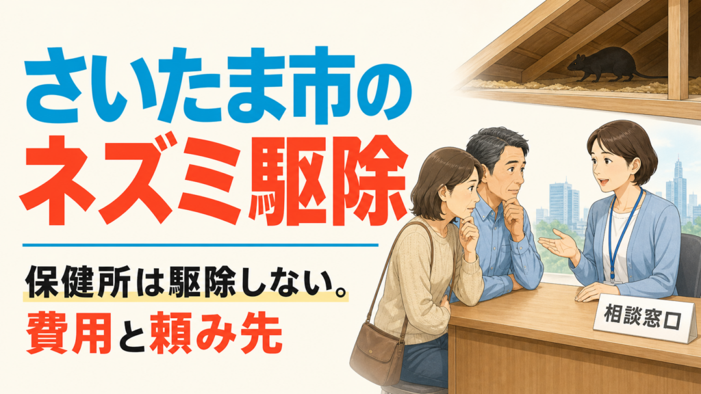 さいたま市のネズミ駆除を相談する50代夫婦と、保健所は駆除を行わないことを示すアイキャッチ