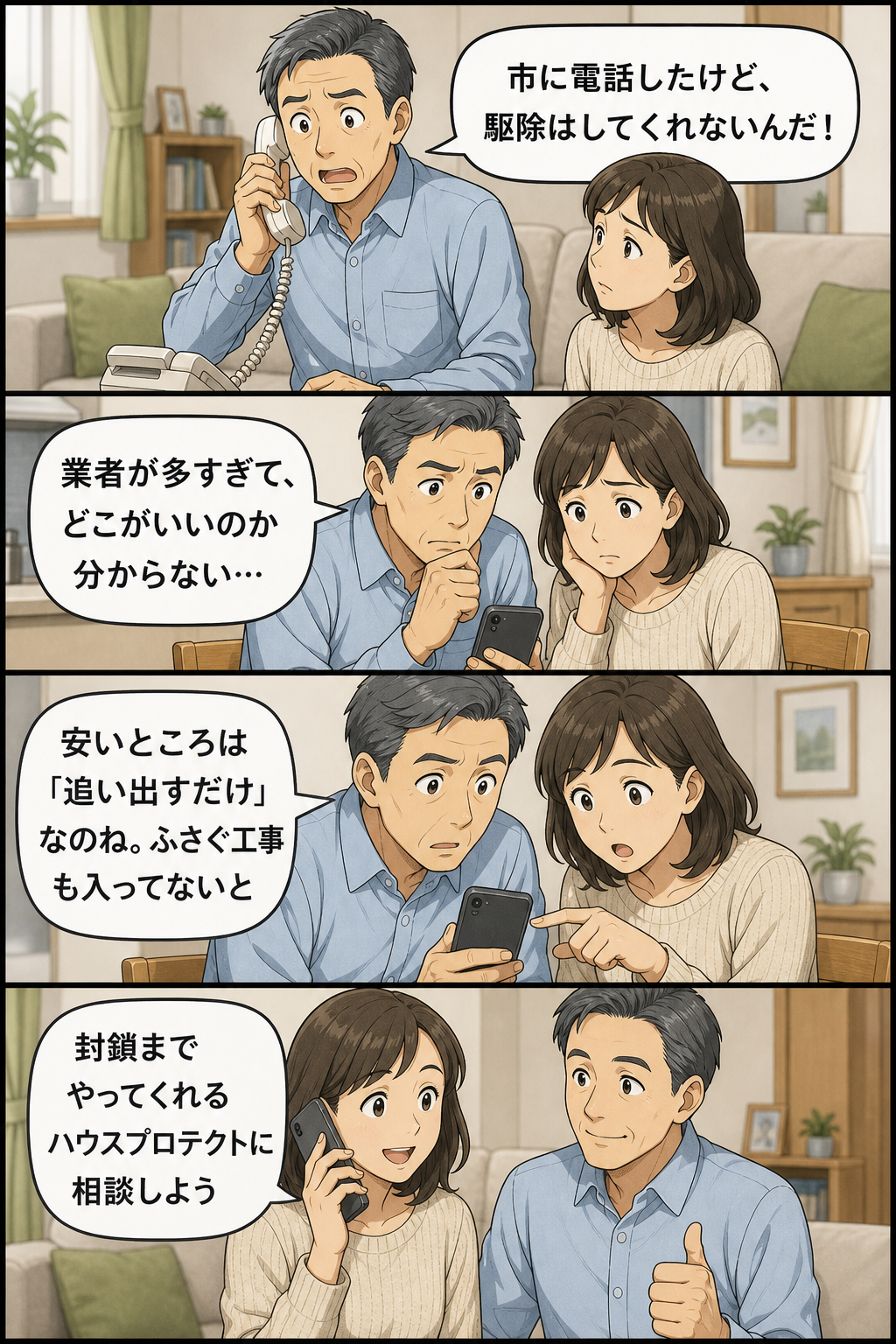 さいたま市で市役所は駆除しないと知った夫婦が、業者選びに迷い、作業範囲の違いに気づいて相談の電話をかけるまでの4コマ漫画