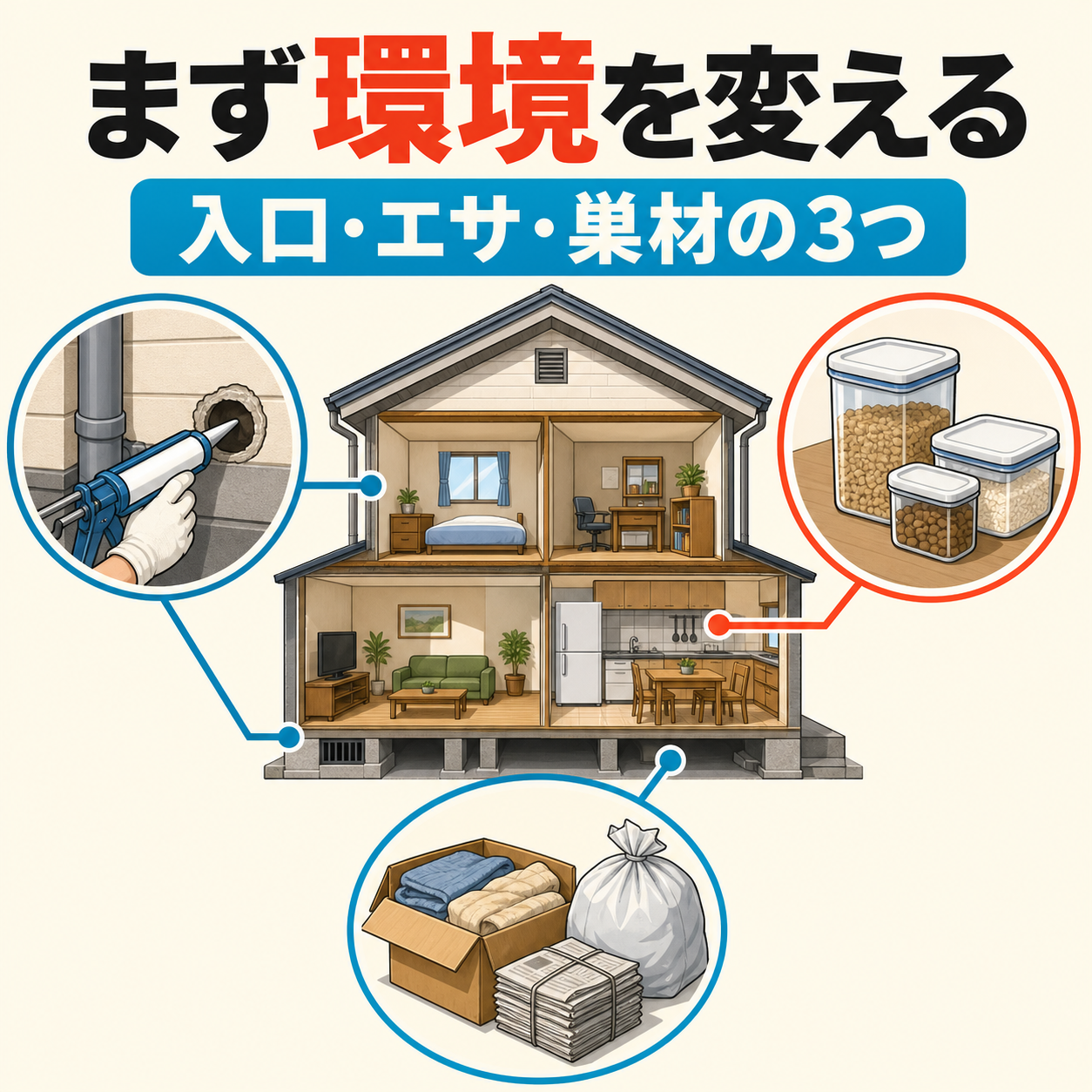 さいたま市が案内するネズミの自力対策を侵入経路・エサ・巣材の3ステップで示した図解